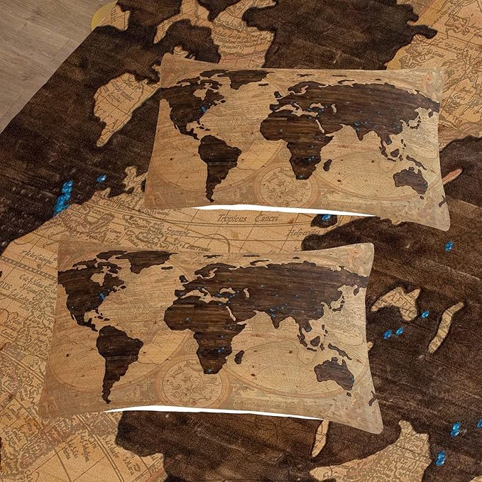 Tailor Shop World Map Comforter Set for Boys Girls Kids Teens ，Retro Yellow Vintage Nostalgic World Map Bedding Sets Full Size 3 Pieces with 1 Comforter 2 Pillowcases