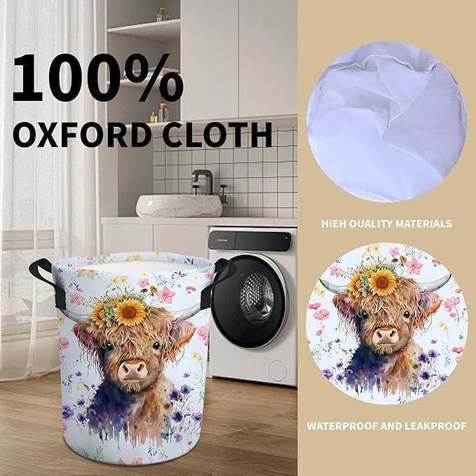 Highland Cow Laundry Basket Nursery Baby Hamper Western Room Decor Funny Tote Bag for Teen Boy Girl Gift 17.7"x13.7"