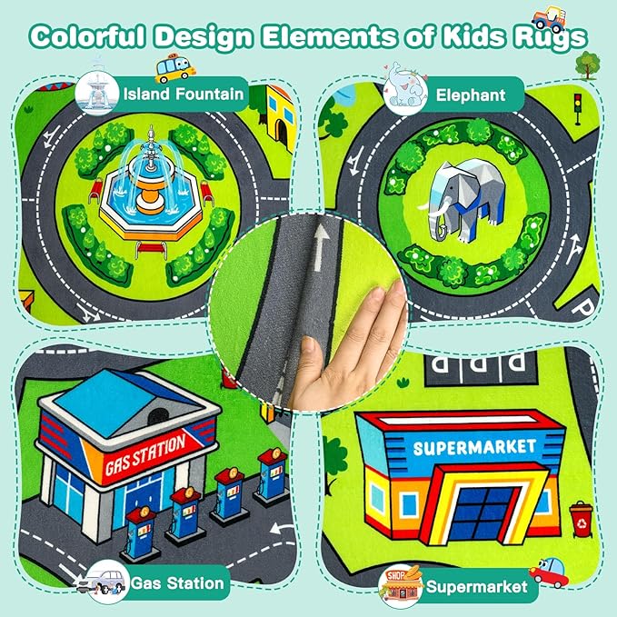 Road Car Rug, 5x7 Ft City Road Rug for Kids, Extra Thick (0.4in) Kids Floor Play Mat and Car Carpet with Realistic Colors - Perfect for Children, Soft and Non-Slip for Playroom and Bedroom