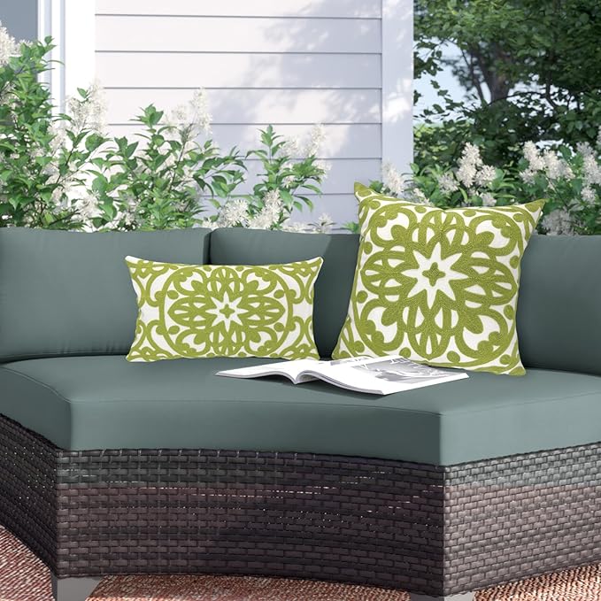 Alysheer Embroidered Summer Decorative Throw Pillow Covers 18"x18" Set of 2, Classic Boho Mandala Green Pattern Cotton Canvas Chic Cushion Cases for Sofa Couch Bed Living Room Decor (Chartreuse Green)