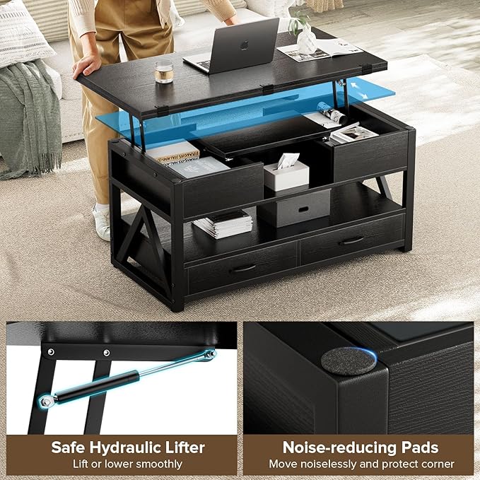 40" Lift Top Coffee Table,4 in 1 Multi-Function Lift Coffee Tables with Storage Drawers and Hidden Compartmen,Farmhouse Coffee Table with Lifting top for Living Room,Black
