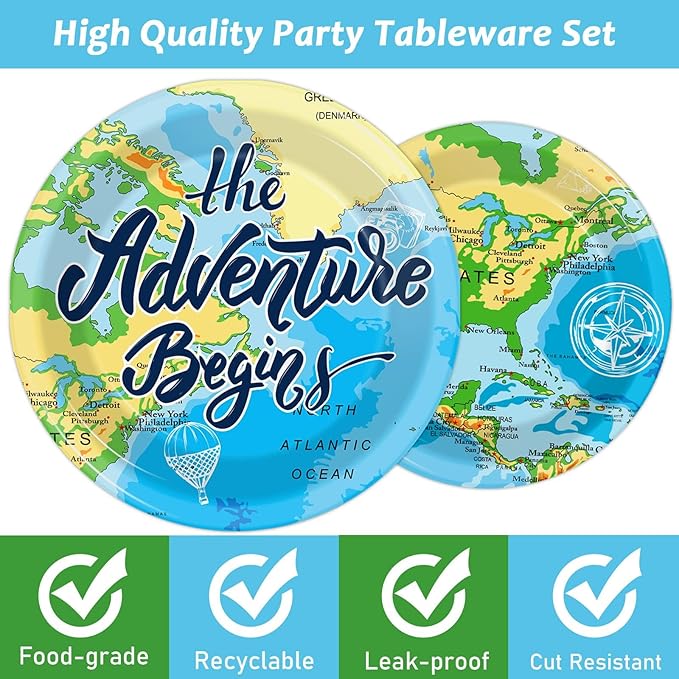 Wiooffen Adventure Awaits 96 Pcs Travel Map Party Supplies - 24 Guests - Blue, Word Map Plates, Napkins, Forks - Birthday Party Decoration