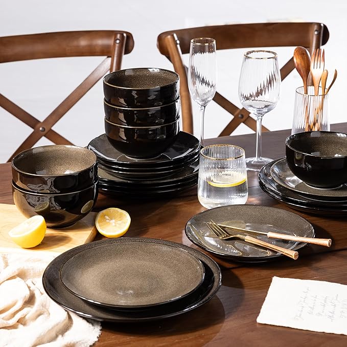 LeRatio Ceramic Dinnerware Sets for 6,Stoneware Plates and Bowls Sets,Handmade Reactive Glaze Dishes Set,Chip Resistant and Scratch Resistant | Oven&Dishwasher & Microwave Safe-Chestnut(18PCS)