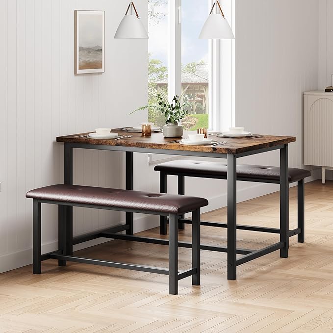 Dining Table Set for 4, Dining Room Table Set with 2 Upholstered Benches, Small Kitchen Table Set, 3 Piece Farmhouse Rectangular Dining Room Table Set, Space Saving Dining Table for Apartment