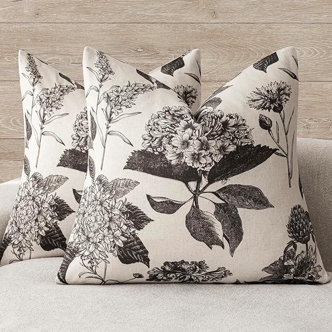 Foindtower Set of 2 Linen Floral Vintage Throw Pillow Covers Neutral Accent Print Decorative Cushion Covers Farmhouse Boho Home Decor for Sofa Chair Couch Bedroom Living Room Outdoor,18×18 Inch,Black
