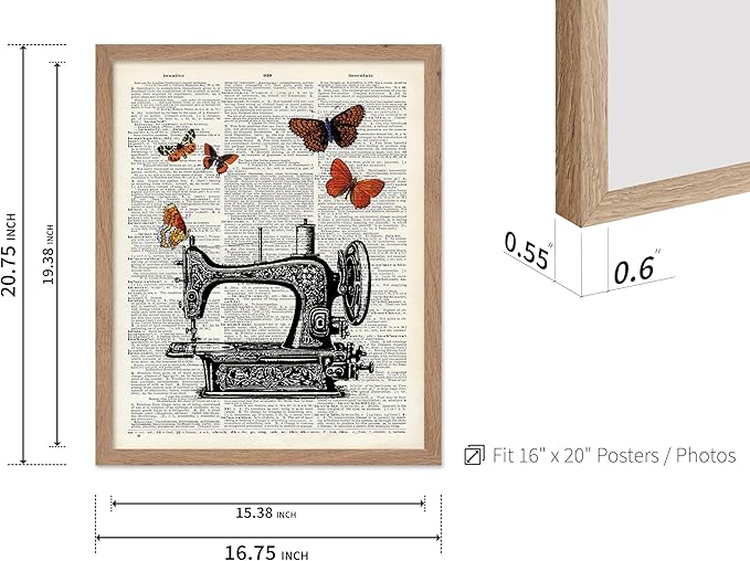 Poster Master Dictionary Art Poster - Sewing Machine Print - Sewing Art - Butterfly Art - Gift for Men, Women & Dressmaker - Chic Decor for Living Room, Bedroom or Office, 16x20 Beige Framed
