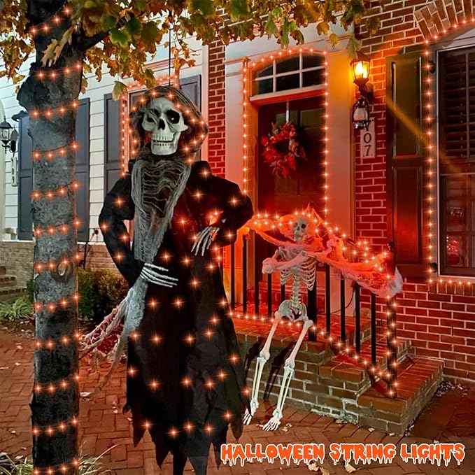 QITONG 165ft 500 LED Orange Lights for Halloween, Halloween Lights Outdoor Waterproof with 8 Modes, Green Wire Christmas String Light Plug in Indoor