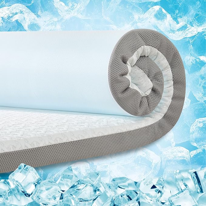 3 Inch Cooling Mattress Topper King, Ice Silk with Gel-Infused 40D Memory Foam Mattress Topper with Removable Soft Cover, Pressure Relief & Non-Slip (White, King)