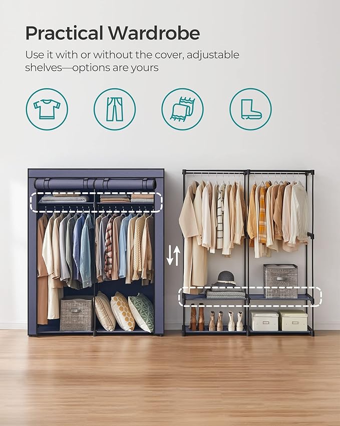 SONGMICS Closet Wardrobe, Portable Closet for Bedroom, Clothes Rail with Non-Woven Fabric Cover, Clothes Storage Organizer, 55.1 x 16.9 x 68.5 Inches, Dark Blue URYG002I02