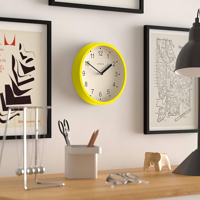 JONES CLOCKS® Spin Wall Clock | Small Modern Round Clock | 8inch | Yellow | Easy to Read Numbers | Ideal for Kitchen, Office, Children’s Room or Any Small Space
