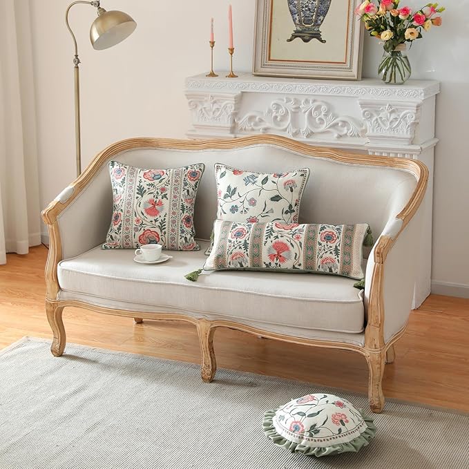 Design Square Retro Elegance Linen Throw Pillow Covers 18"x18" Pack of 2, Green Pink Floral Pattern Cushion Covers Decor Pillowcases for Bed,Living Room,Outdoor,Car