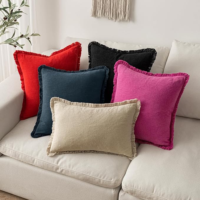 MIULEE Decorative Throw Pillow Covers Neutral Linen Fringe Throw Pillows Euro Shams Set of 2 Red Boho Farmhouse Cushion Covers with Tassels for Couch Sofa Bed Living Room Spring Home Decor 22x22 Inch
