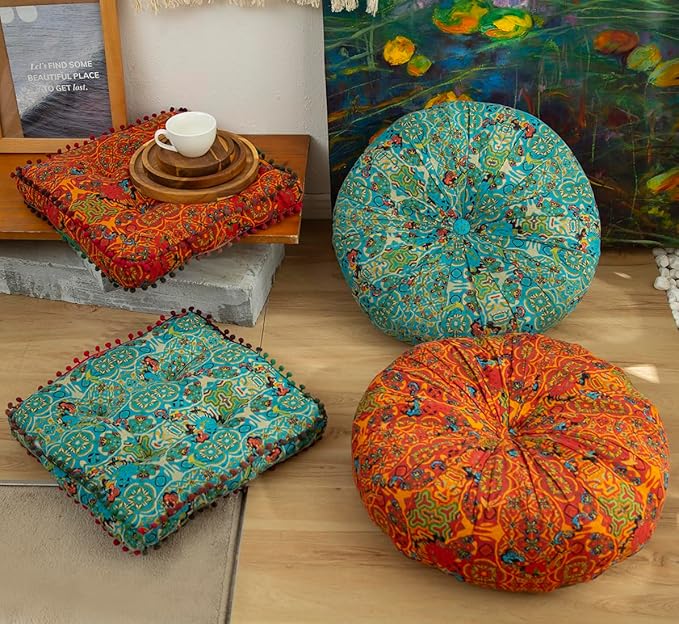 vctops Boho Cotton Linen Round Chair Seat Cushions for Dining Kitchen Office Chairs Patio Super Soft Printed Chair Pads Floor Pillow (Blue,22"x22")