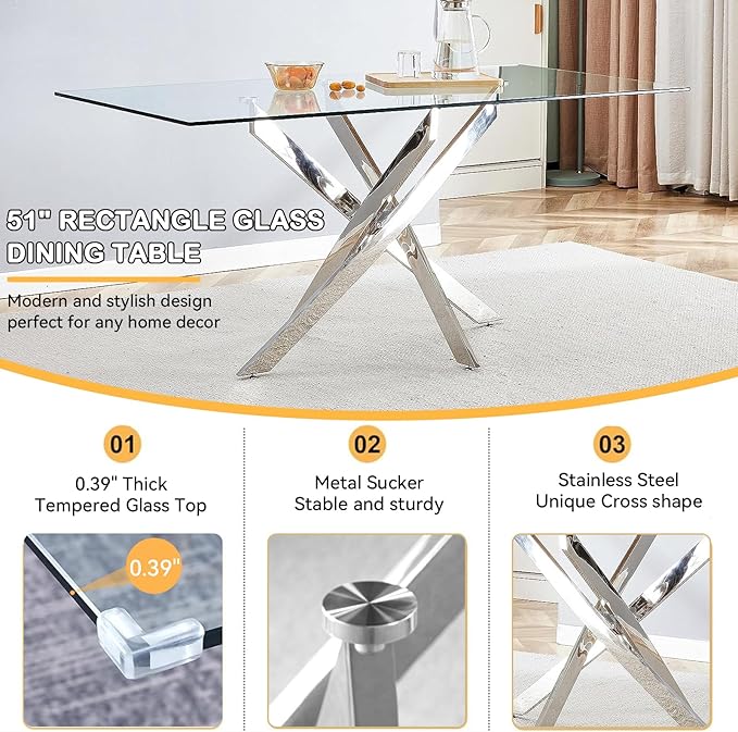 Goujxcy 51" Glass Dining Table Set for 6, Modern Kitchen Table and Chairs Set w/Steel Legs, 7-Piece Dining Table Set w/Glass Silver Dining Table and 6 Blue Velvet Chairs for Kitchen Dining Room