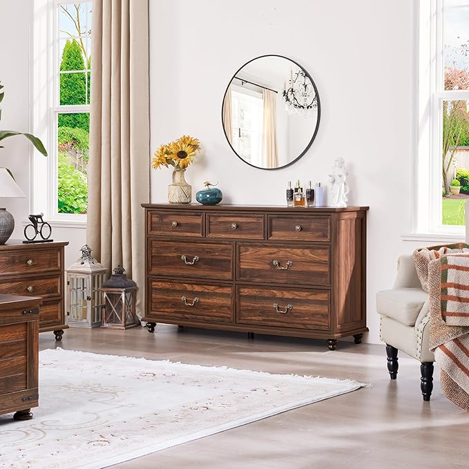 Farmhouse 7 Drawers Dresser Sets of 2 for Bedroom, Brown 54 Inch Wide Chest of Drawers w/ 4 Wooden Legs, Large Vintage Rustic Closet Dressers for Living Room, Wood TV Stand