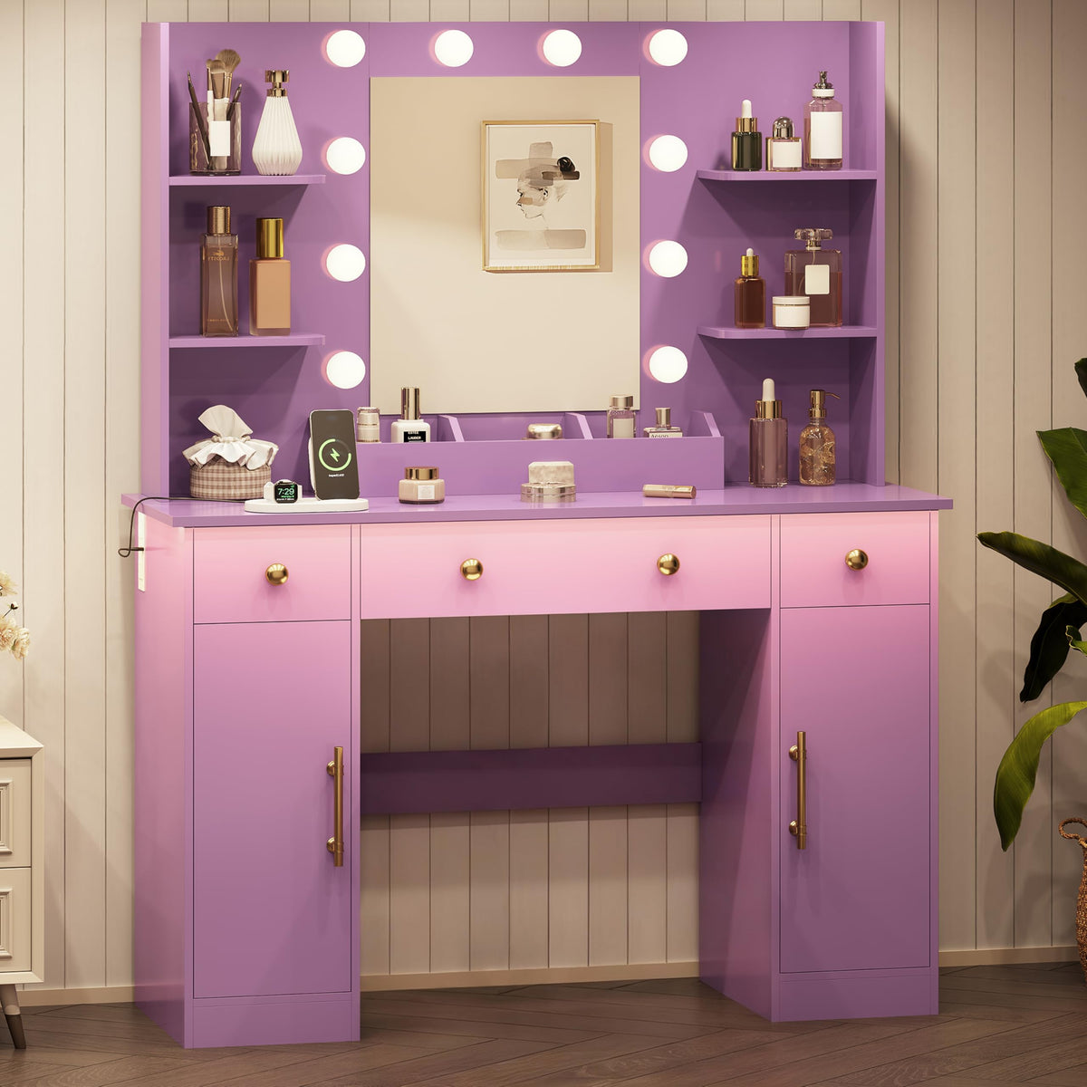 HUANLEGO Vanity Desk with Mirror and Lights, Makeup Vanity with Mirror and LED Lights & Power Outlet, 3 Drawers and Cabinets, 3 Lighting Modes Dressing Table Set for Girls Women Bedroom,Purple