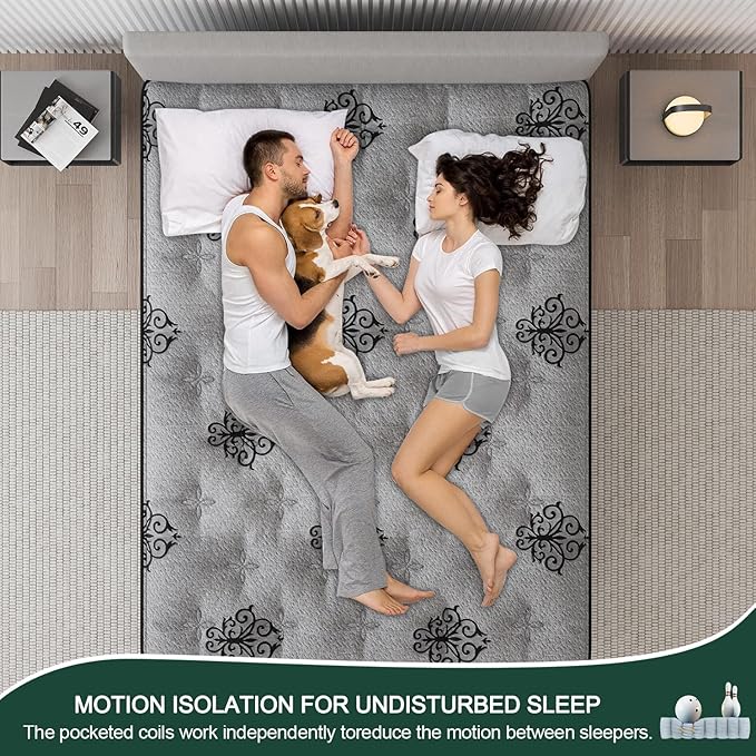 Queen Mattress, 12 Inch Hybrid Mattresses Bed in a Box with Gel Memory Foam & Pocket Spring, Euro Top, Medium Firm for Back Support & Pressure Relief, Motion Isolation, Grey
