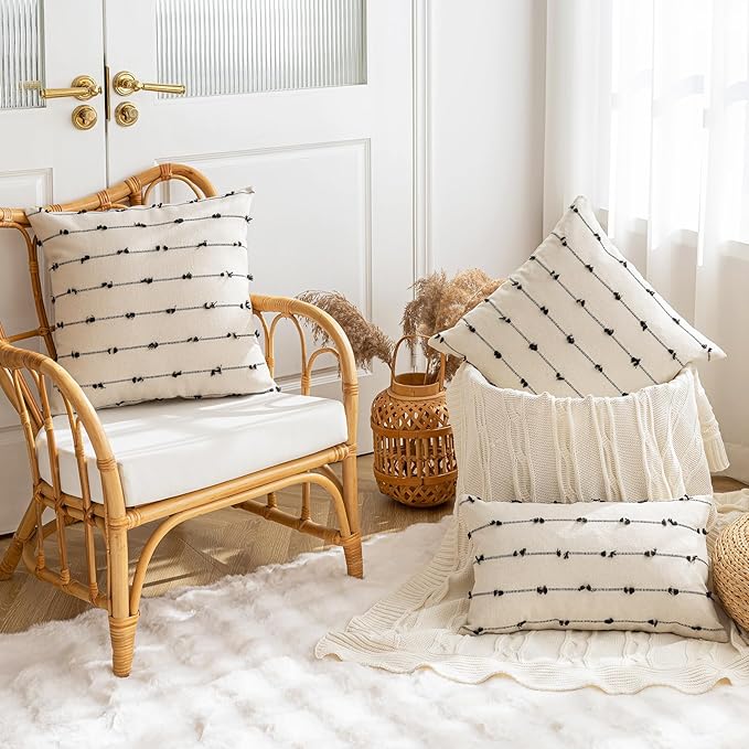 Boho Throw Pillow Covers 12x20 Set of 2 Modern Farmhouse Decorative Cushion Case Tufted Square Pillows Cover Neutral Pillow Cases Accent Pillowcase for Sofa,Couch,Bed,Beige and Black