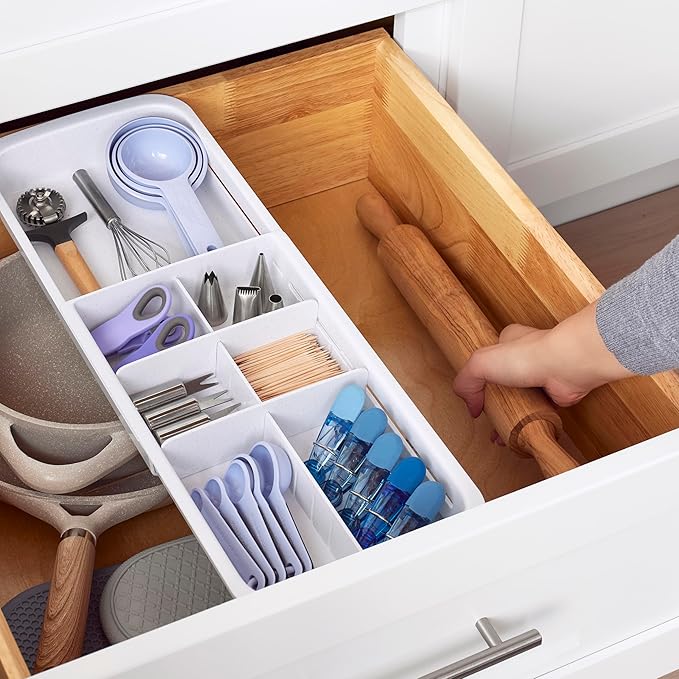YouCopia DrawerFit Sliding Drawer Tray with Adjustable Dividers, Expandable Kitchen Storage Organizer, Speckled White