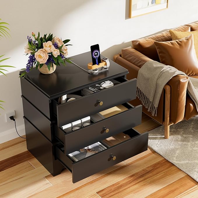 3 Drawer Nightstand with Charging Station,24" Farmhouse Night Stand, Small Chest of Drawers, Wood Bedside Table Cabinet for Bedroom, Living Room, Hallway, Black