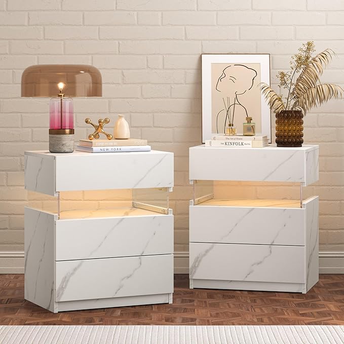 Bingoday LED Nightstands Set of 2 LED Bedside Tables with 3 Drawers Modern Night Stand with Acrylic Board Night Stand Set 2 for Bedroom Living Room