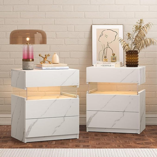 Bingoday LED Nightstands Set of 2 LED Bedside Tables with 3 Drawers Modern Night Stand with Acrylic Board Night Stand Set 2 for Bedroom Living Room