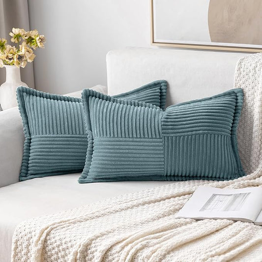 MIULEE Decorative Lumbar Throw Pillow Covers for Couch Bed Livingroom 12x20 Inch Set of 2 Dusty Blue Boho Accent Throw Pllows Broadside Striped Patchwork Soft Corduroy Pillowcases