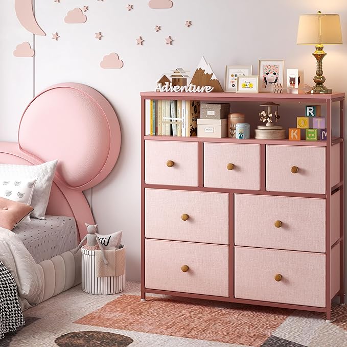 EnHomee Dresser for Bedroom with 7 Drawers and 2 Shelves,Tv Stand for Bedroom,Pink Dresser for Closet,Hallway,Entryway,Dormitory,Dorm Storage