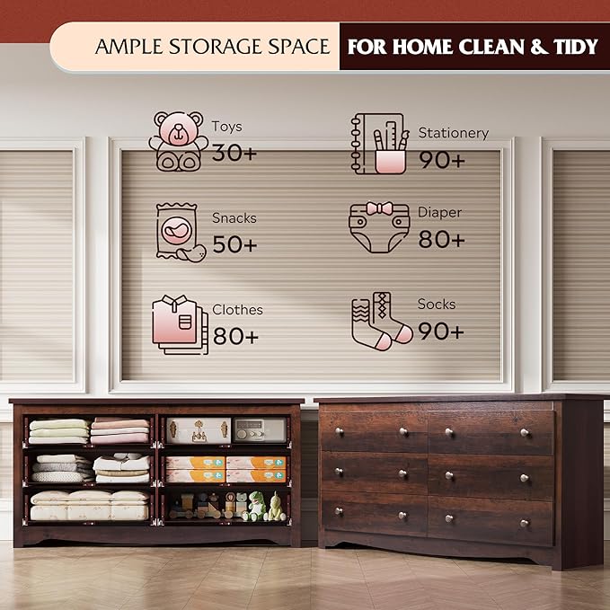 WLIVE Dresser for Bedroom, 59” Wide Chest of Drawers with 6 Drawer, Wood Long Nightstand with Drawers, Modern Large Storage Tower Unit, Closet Store Organizer for Living Room, Hallway, Brown