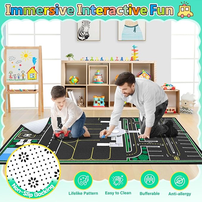 Kids Rug, Road Carpet for Kids with Combined City Road Traffic System, Car Rug and Airport Play Mat, 5x7 Ft Children’s Play Rugs for Playroom, Children’s City Traffic Map Fun Car Mat,Non-Slip