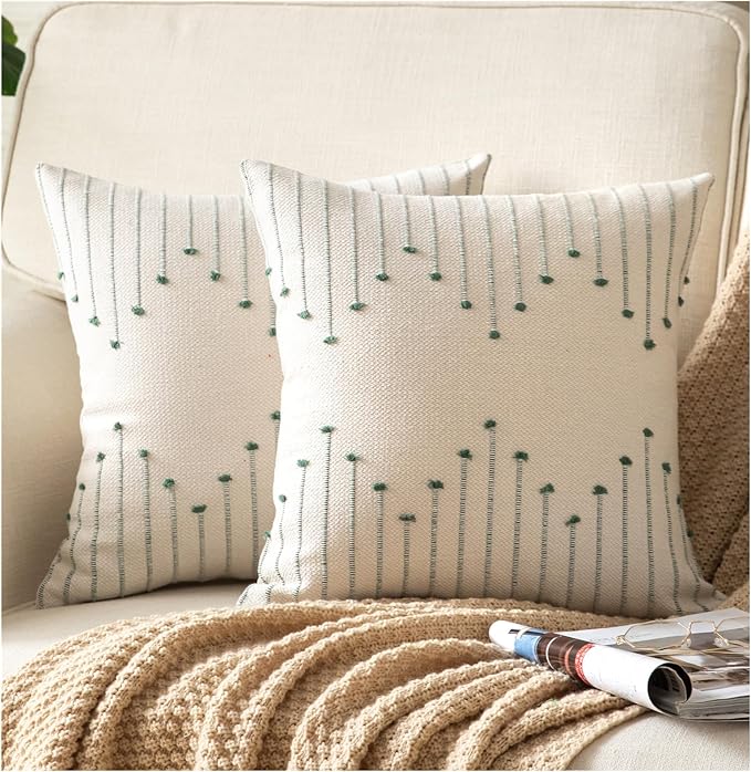 Caflife Boho Throw Pillow Covers 22x22 Set of 2 Decorative Pillows for Bed, Neutral Pillow Covers Beige with Green Line Throw Pillows for Modern Farmhouse Couch Sofa Living Room Outdoor