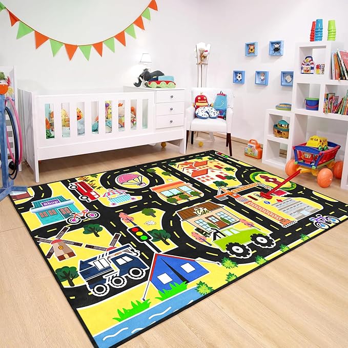 Car Rugs for Kids Toy - Car Track Carpet for Boys Road Rug for Bedroom Road Map Carpet for Kids Toy Play Mat Farm, 3x5 Feet