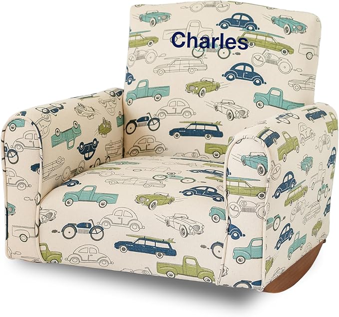 Toddler Personalized Armchair, Kids Upholstered Rocking Chair with Personalization, Toddler Chair with Personalized Name, Comfy Child Armchair, (Cars & Trucks Print, Rockers)