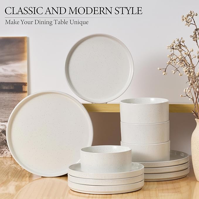 E-far Stoneware Dinnerware Sets, 18-Pieces Modern Plates and Bowls Sets, Kitchen Dinning Porcelain Dishes Set for 6, Chip & Scratch Resistant, Dishwasher & Microwave Safe, Speckled White