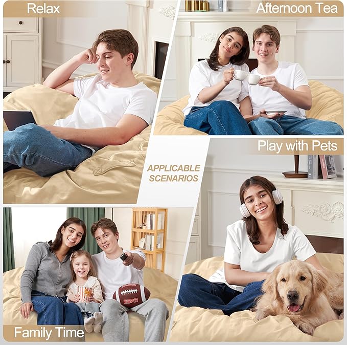 Homguava 4 FT Bean Bag Chair: 4' Bean Bags with Memory Foam Filled, Large Beanbag Chairs Soft Sofa with Dutch Velvet Cover-Khaki