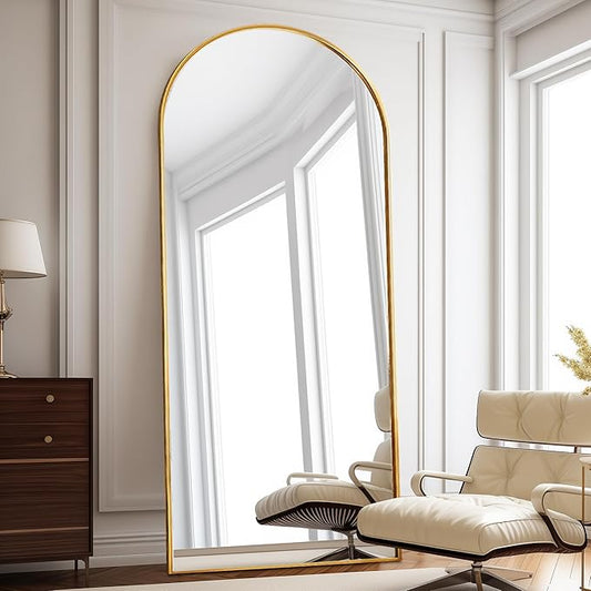Floor Length Mirror, 76"x34" Arch Full Length Mirror Hanging or Leaning, Body Mirrors with Stand, Arched-Top Wall Mounted Mirrors with Aluminum Frame for Bedroom (Gold)