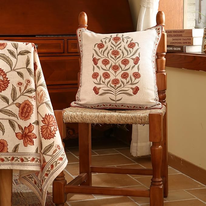 Design Linen Square Vintage Throw Pillow Covers 18"x18" Pack of 2, Brick Red Cushion Covers with Orange Floral Green Leaves Pattern Decoration Pillowcases for Bed,Living Room,Outdoor,Car