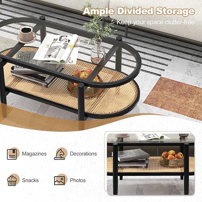 MAT EXPERT Rattan Coffee Table, 2 Tier Boho Oval Living Room Table w/Glass Tabletop Wood Frame & Storage Shelf, 40’’L Mid Century Modern Tea Table, Center Table for Living Room Home Office, Black