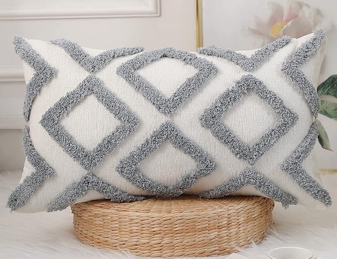 Diamond Pattern Long Pillow Covers 14 x 26,Plush Chenille Decorative Long Lumbar Pillow Case Pillow Covers Cushion Case for Sofa Couch Bed Livingroom Farmhouse,Modern Boho,Grey