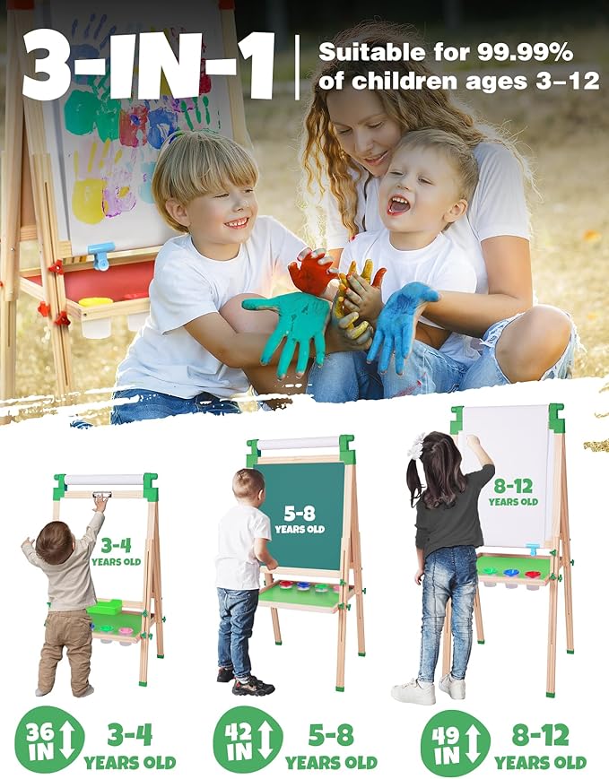 JOYOOSS Easel for Kids - Adjustable Wooden Art Easel with Paper Roll,Magnetic Double Sided Dry Erase Board,Outdoor Easel for Toddlers,Green