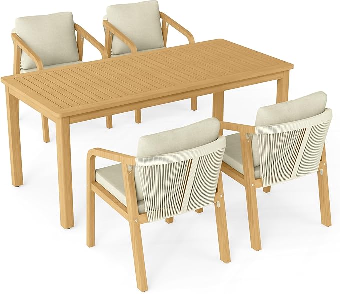 Wisteria Lane 5 Pieces Acacia Patio Dining Set for 4, Patio Dining Table and Chairs Set with Cushion, Modern Outdoor Dining Furniture Set for Lawn Backyard Garden Deck, Beige