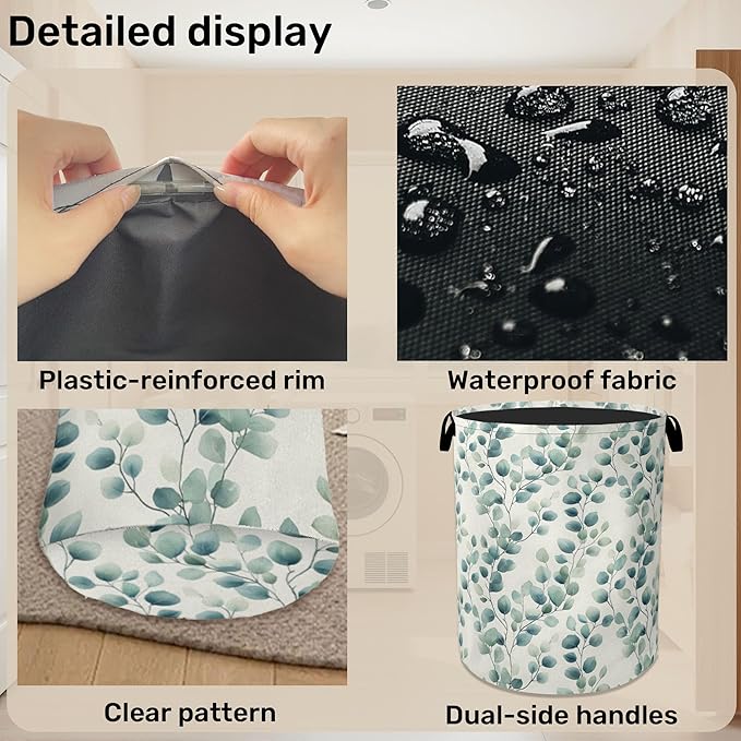 Sage Green Plant Large Clothes Hamper Bag - Laundry Basket with Handles, Space Saving Foldable Design for Nursery