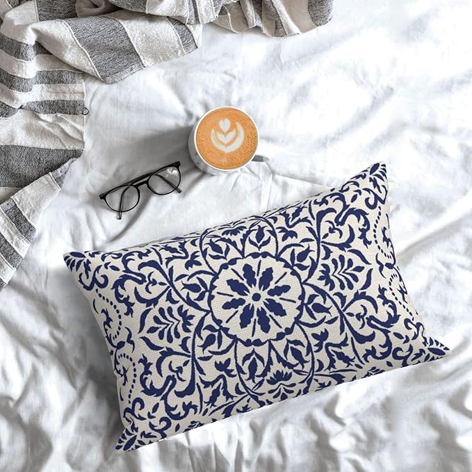 Navy Blue Boho Lumbar Pillow Covers 12x20 Set of 2, Bohemian Ethnic Carpet Pattern Design Decorative Throw Pillows Linen Farmhouse Cushion Pillow Covers for Sofa Couch Outdoor Decor
