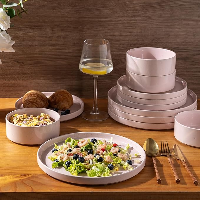 AmorArc Ceramic Dinnerware Set for 4 | Speckled Stoneware Plates and Bowls with unglazed terracotta | Scratch Resistant, Dishwasher & Microwave Safe Dishes Sets- 12-Pcs Pink