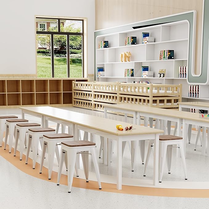 Andeworld 18 Inch Stools Set of 4,Industrial Metal Dining Chair with Wooden Seat,Short Kitchen Bar Stools Stackable for School,Classroom,Cream White