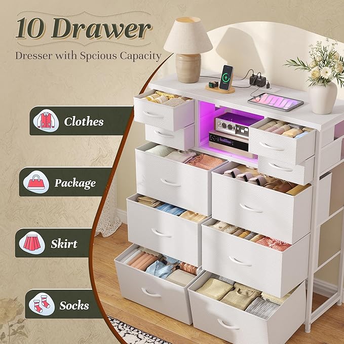White Dresser for Bedroom with 10 Drawers and Charging Station & LED Light, Sturdy Tall Chest of Drawers with 2 Open Storage Shelves Storage Tower for Closet, Hallway