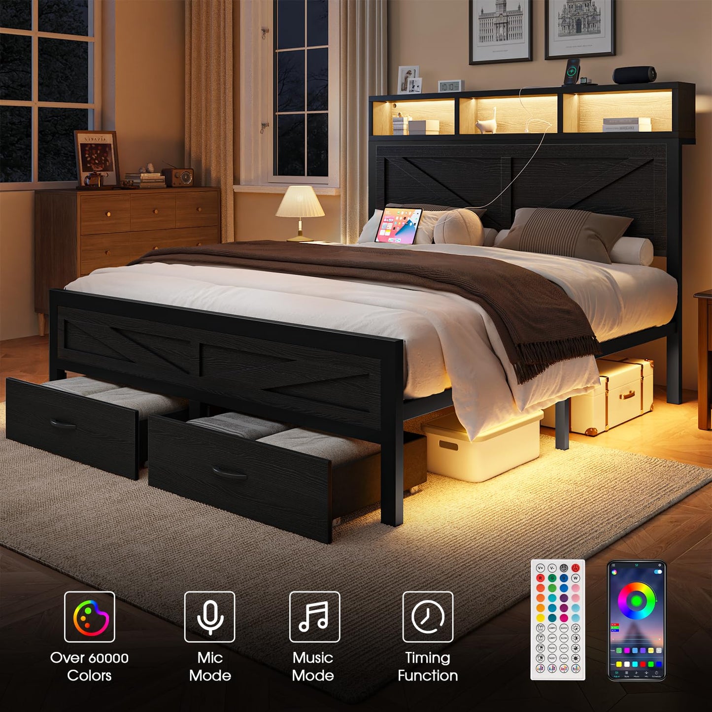 Rustic King Size Bed Frame with Storage Drawers, LED King Bed Frame with Barn Door Headboard and Charging Station, Metal Industrial Platform Bed Frames, No Box Spring Needed, Black