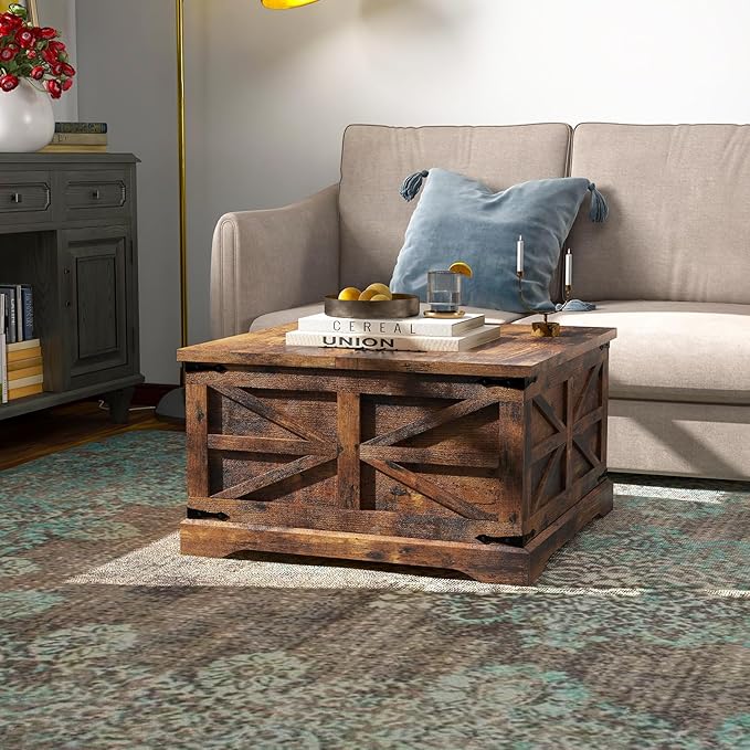 oneinmil Farmhouse Coffee Table with Storage Organizer, Square Coffee Tables with Large Storage Space, Center Table for Living Room, Bedroom, Home Office, Rustic Brown