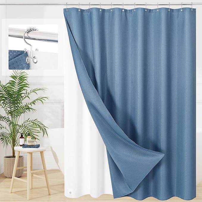 3 in 1 Extra Long Moonlight Blue Shower Curtain Set-72 W x 84 H, Modern Waffle and PEVA Liner Set with 12 Stainless Steel Hooks, Waterproof Fabric for Bathroom
