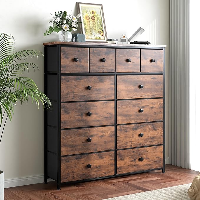 Dresser for Bedroom with 12 Drawers Tall Dressers for Bedroom Fabric Dressers & Chest of Drawers with Sturdy Metal Frame, Wood Top, for Woman, Closet, 40.6" W x 11.8" D x 44.5" H (Rustic Brown)